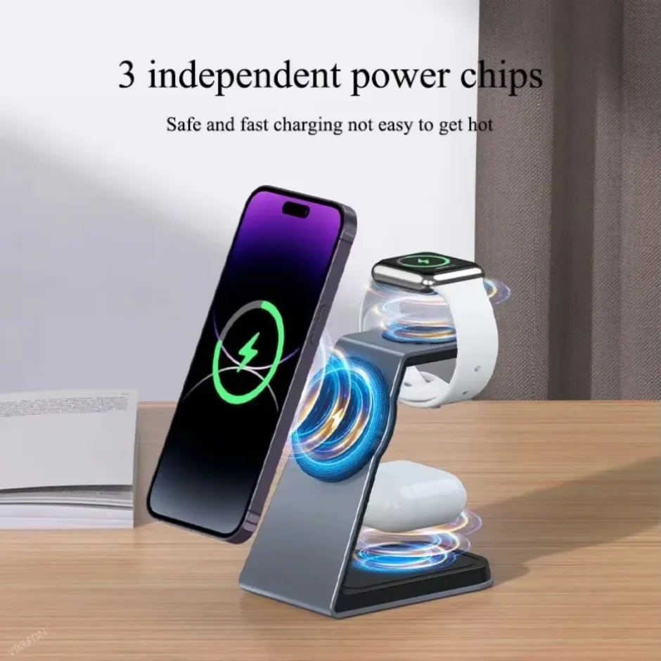3 in 1 Magnetic Wireless Charger Stand Aluminum Alloy Fast Charging Station For iPhone 16 15 14 13 Pro Max Apple Watch Airpods