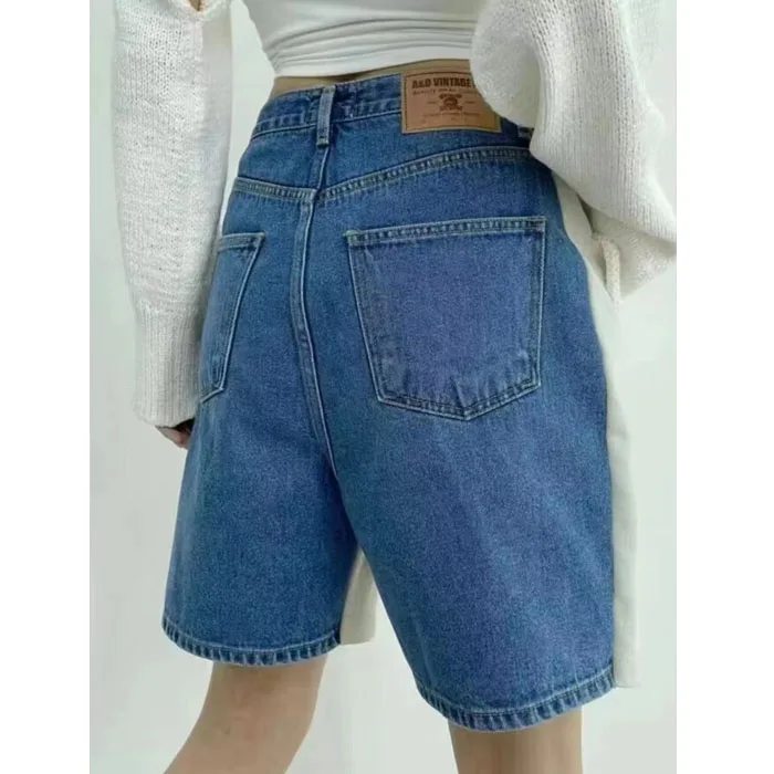 Color Block Denim Jeans Women's Summer Vintage Washed Drawstring Waist Loose Straight Five-Quarter Length Trendy Cotton Pants