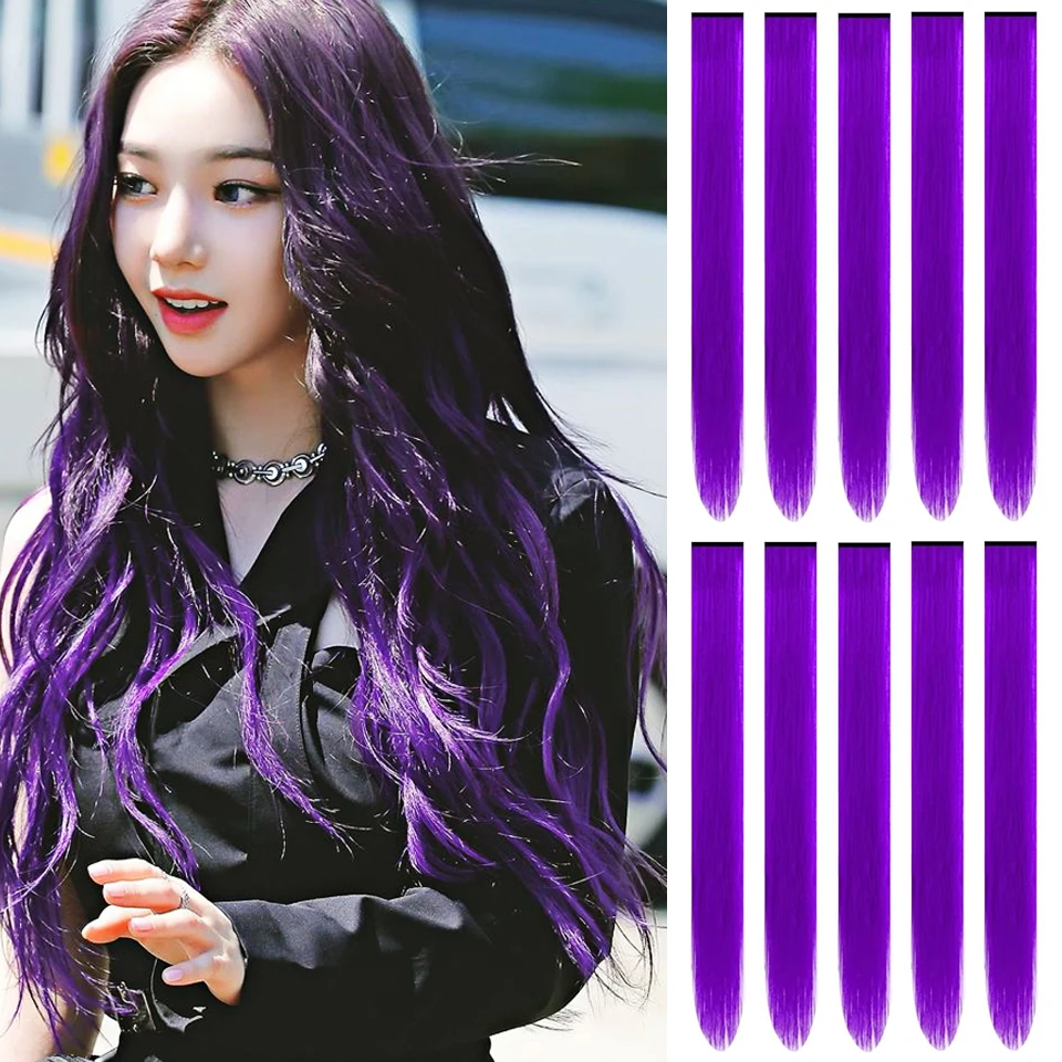5PC/22 inch Color Hair Extensions Highlights Clip in Synthetic Hair Purple Hairpieces for Women Kids Halloween Cosplay Gift