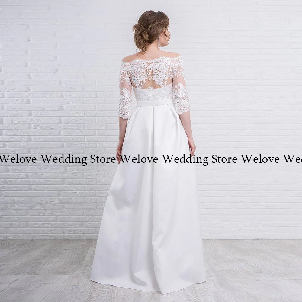 Boat Neck Satin Wedding Gown For Bride Off Shoulder Half Sleeve Lace Floor Length Formal Bridal Dresses Large Vestido De Mariage