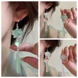1 pair Handmade Chinese Ear Hooks Hanfu Cheongsam Jewelry Simple Lotus Pendant Earrings Jewellery Women Girl Gift