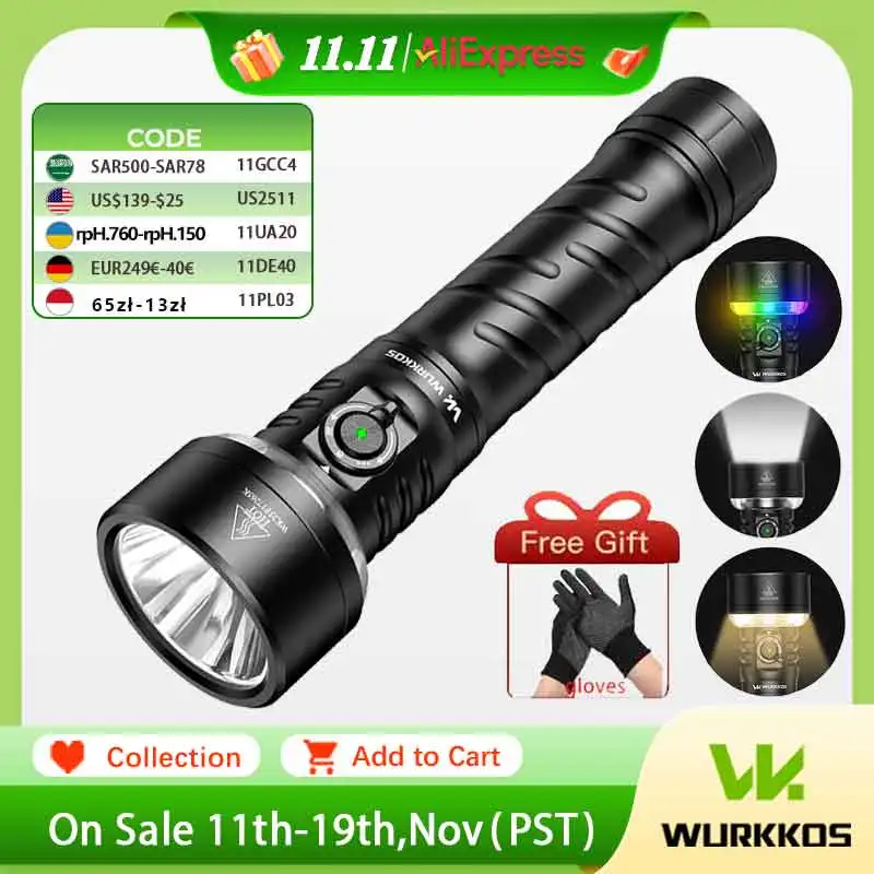 Wurkkos TS27 مصباح يدوي عالي الأداء 3200LM متعدد الوظائف قابل لإعادة الشحن مثالي للتخييم في الهواء الطلق بطارية مدمجة 15000 مللي أمبير في الساعة