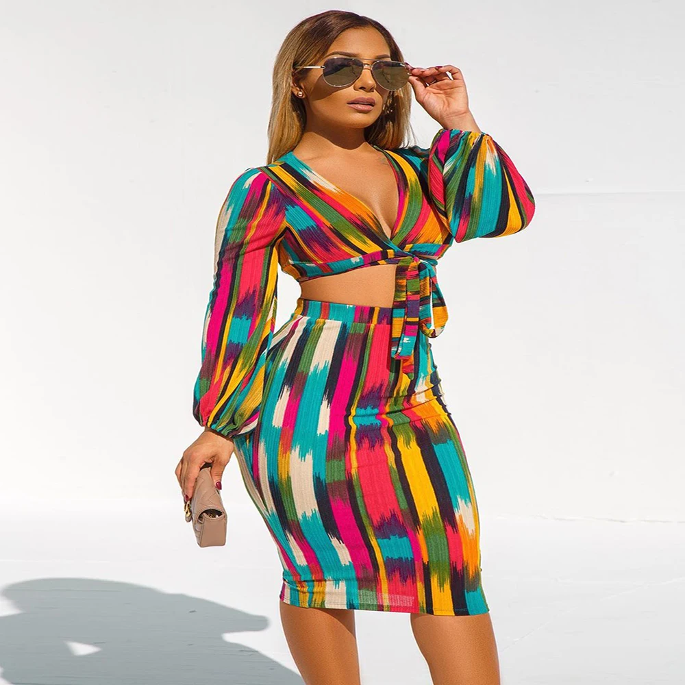 Sexy Crop Top Female Dress Sets Tie Dye Lace Up Wrap Chest T Shirt Suit Beach Bodycon Midi Dresses 2 Piece Festival Outfit Women