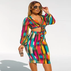 Sexy Top Colheita Vestido Feminino Conjuntos Tie Dye Lace Up Wrap Peito T Shirt Suit Praia Bodycon Vestidos Midi 2 Peça Festival Outfit Mulheres