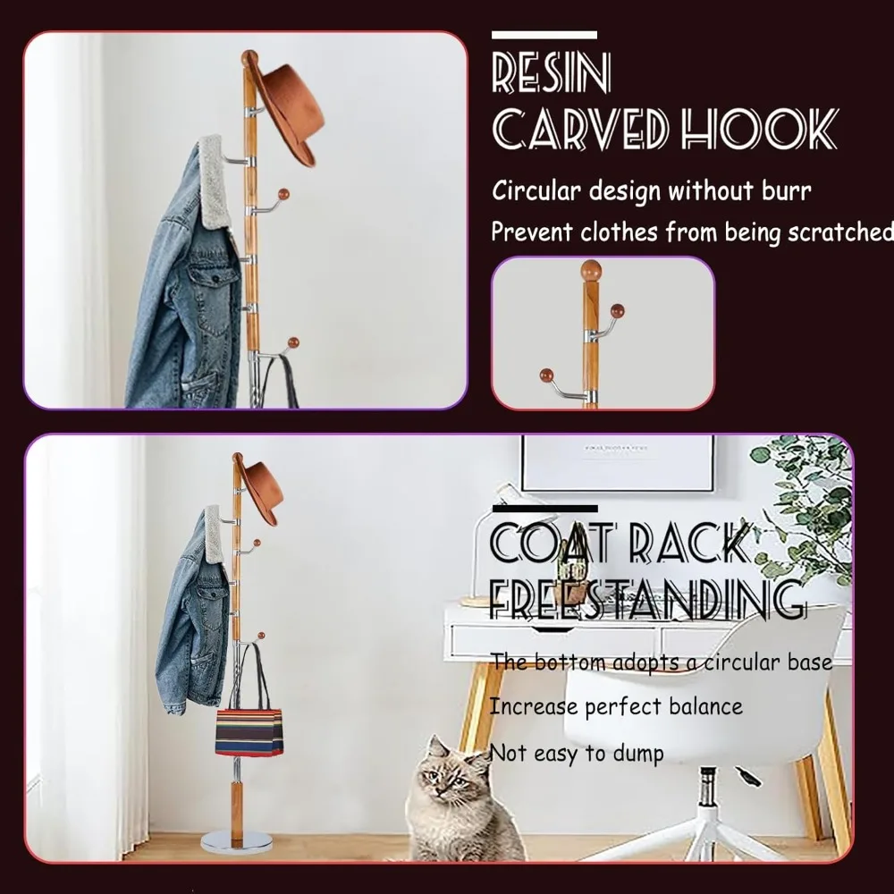 رف معطف شجرة قائم بذاته بارتفاع قابل للتعديل مع قاعدة مستديرة ثابتة لحلول تخزين المنزل وغرفة النوم