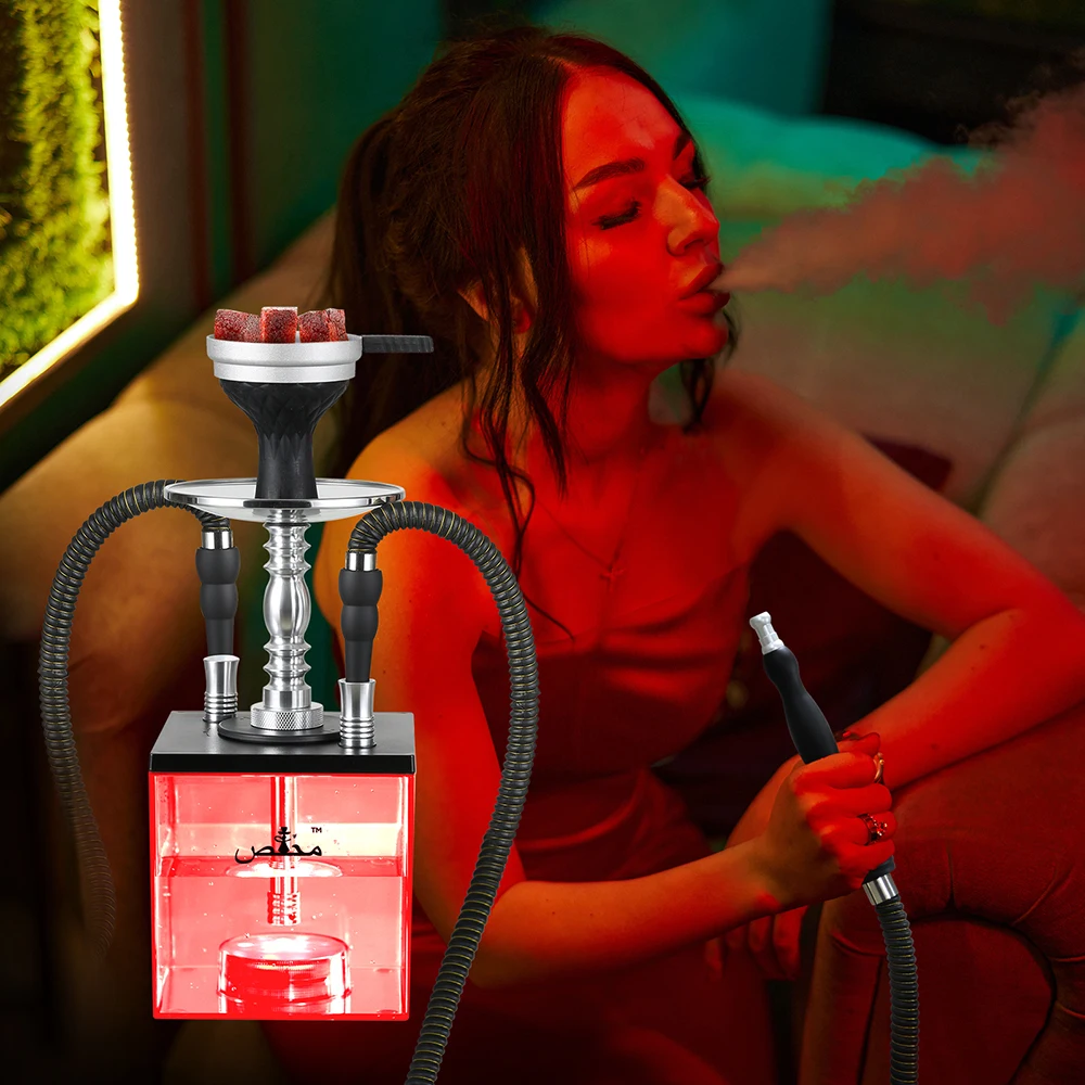 Hookah Set 2 Hose Hookahs Shisha with Everything【QiQiCi 】 Modern Cube Hookahs Acrylic Hookah LED Hooka with Hookah Bowl Coal Hol