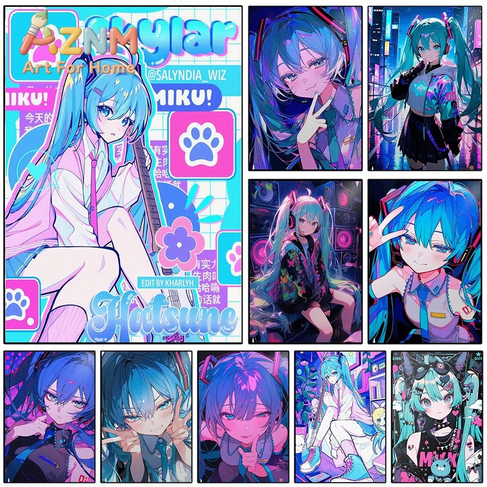 Hatsune Miku Neon Streetwear Style Anime Canvas Painting Frameless Wall Art Print Poster Home Bedroom Living Room Trendy Chara