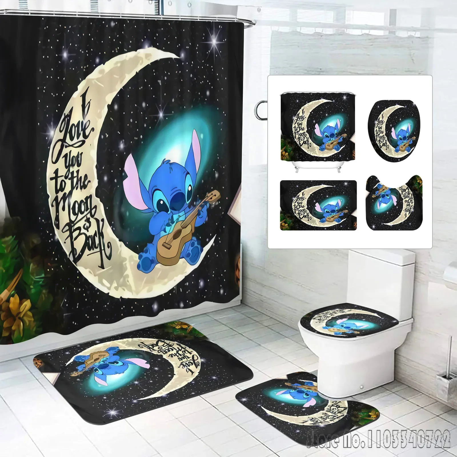 Stitch Angle Disney Bath Shower Curtain Set 4pcs with Hooks Waterproof Bathroom Toilet Mat Lid Decor