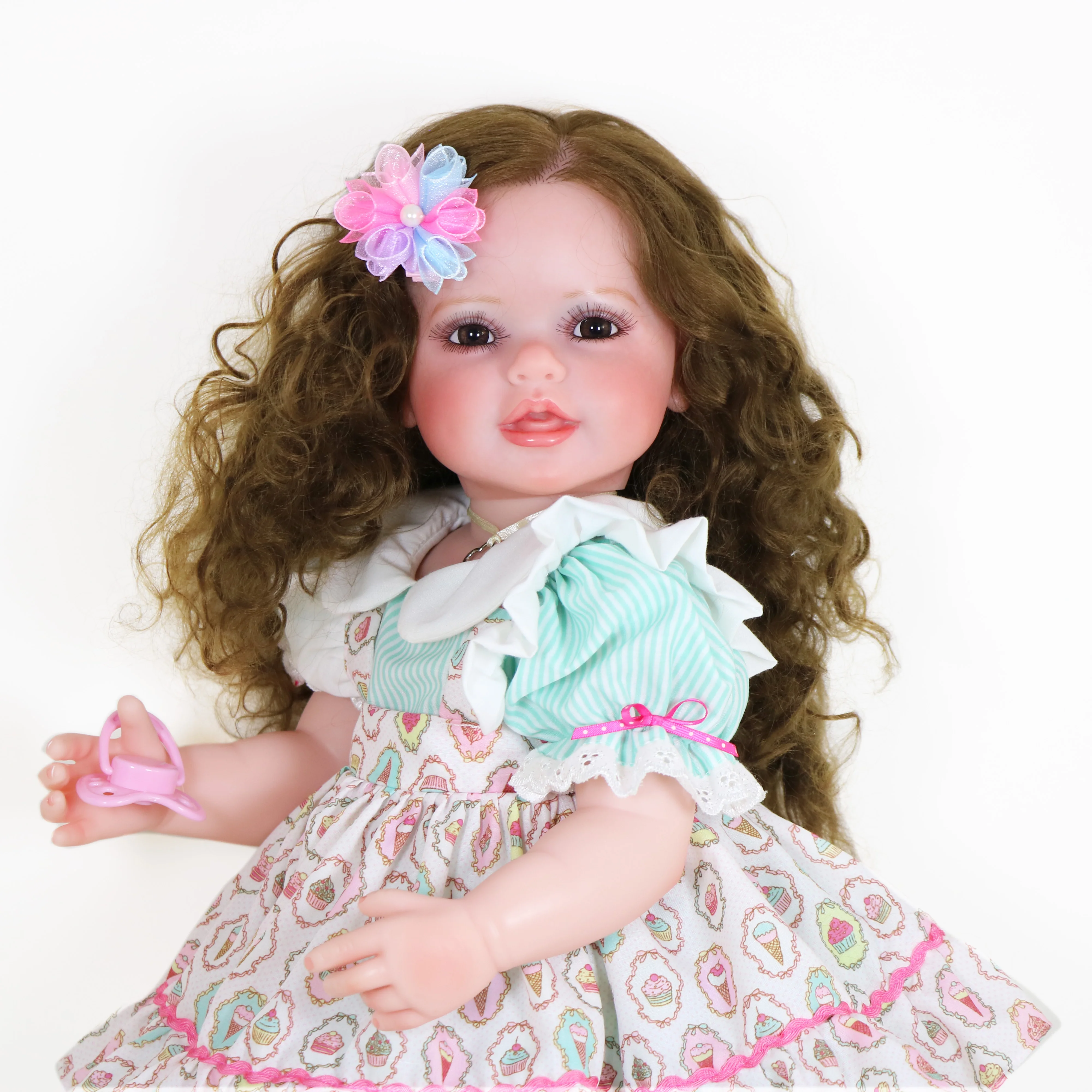 22 inch Standing Reborn Toddler Dolls Smile face with 3D Painted Skin Visible Veins and Rooted Brown Hair Full Vinyl Body