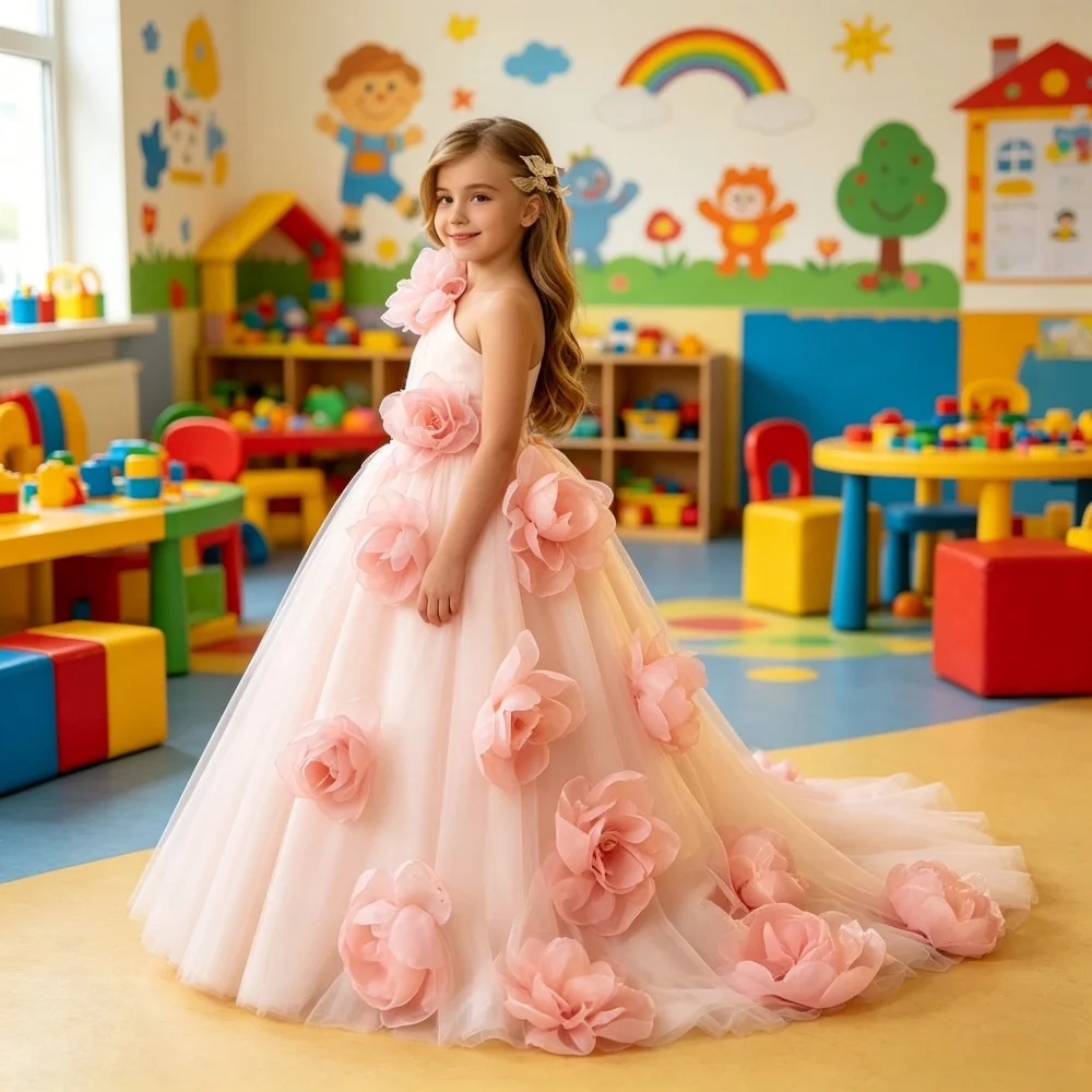 Custom Luxury Flower Girl Dress Wedding Birthday Party Pageant Catwalk One Shoulder 3D Pink Floral Tulle Train Kids Gown فساتين
