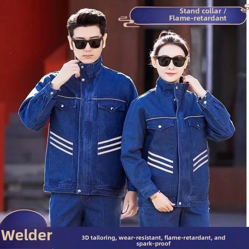 Thiened デニム作業服保護スーツ溶接純綿耐火性火傷防止耐摩耗性スリムフィットスタンド...