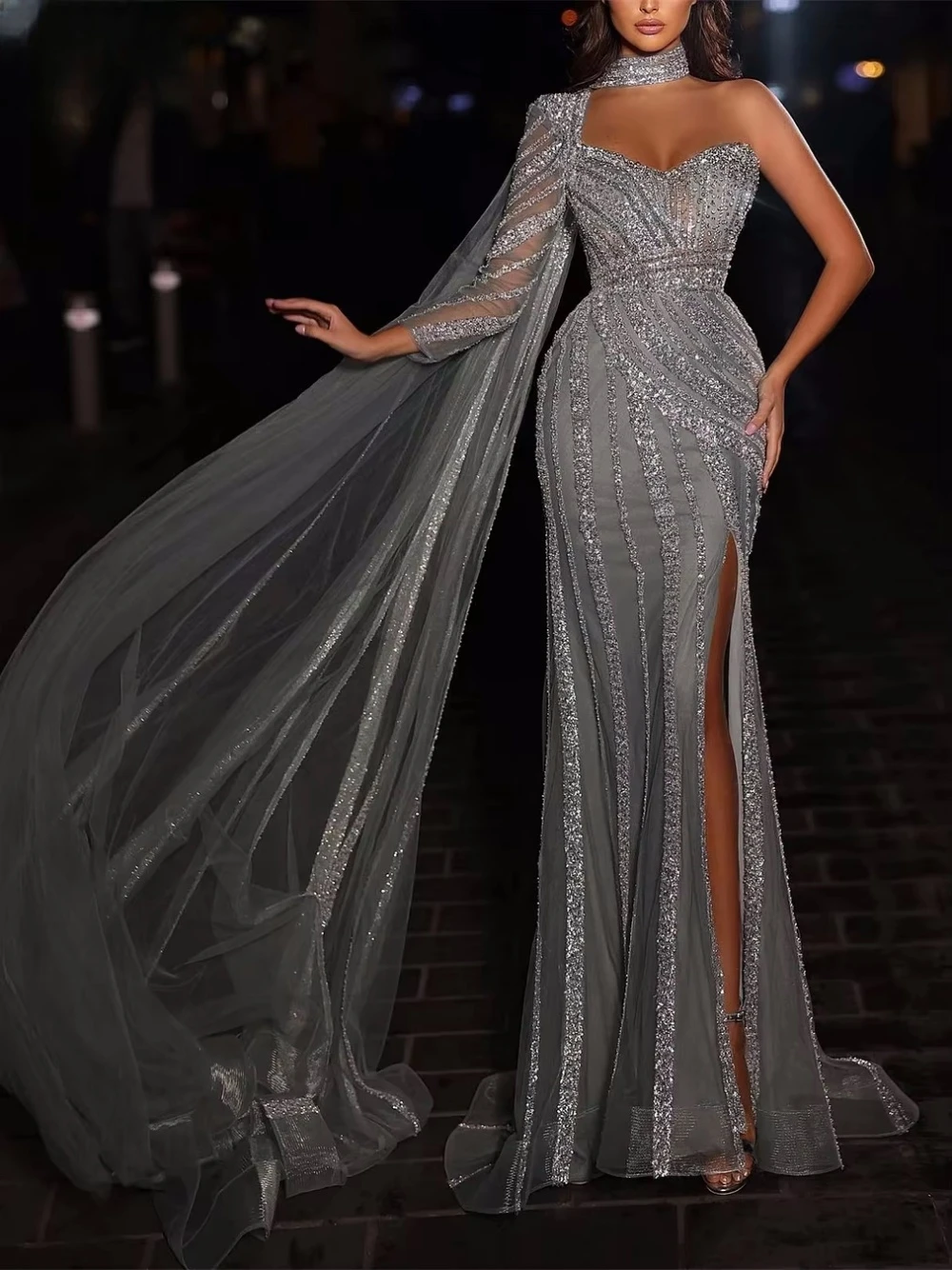 

Женское однотонное платье для выпускного вечера с блестками, вечернее платье на одно плечо с сексуальным боковым разрезом, вечернее платье по индивидуальному заказу, тюлевое платье De Soriee