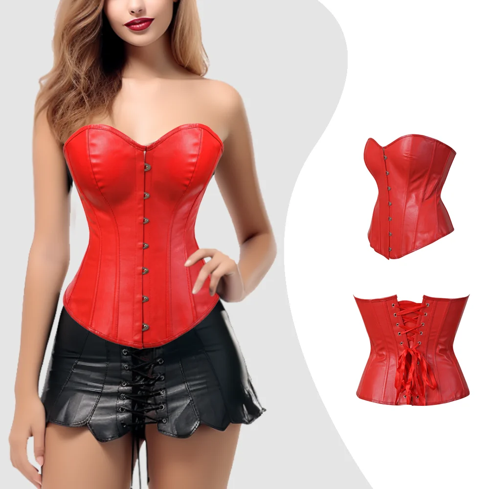 

Faux Leather Corset Sexy Clubwear Bustier Hot Lingerie Zipper Overbust Corset Lace up Waist Cincher Top Plus Size Black Red Gold