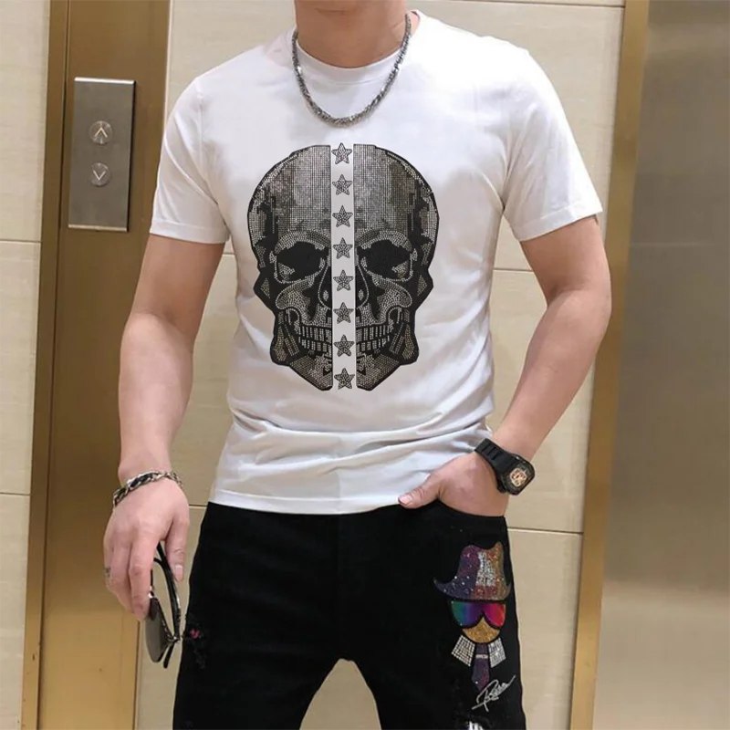 2023Plus Size M-5XL Skull Rhinestones T Shirts Men Summer top tees O Neck Slim fit Tshirts high quality 042