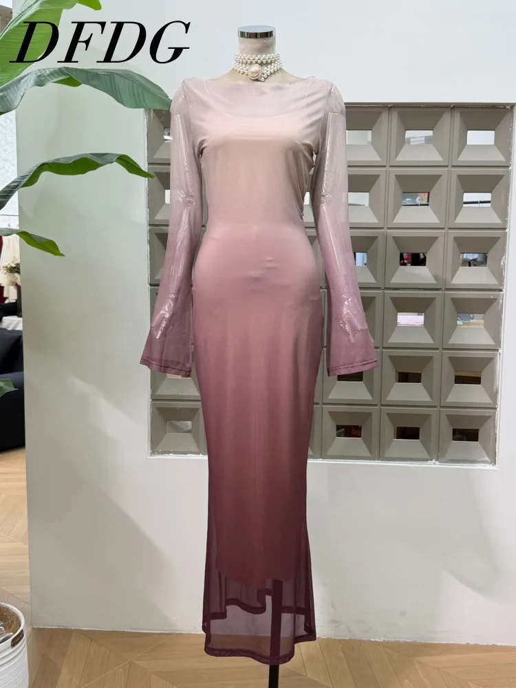 

DFDG женское облегающее платье весна-лето 202, облегающее платье с эффектом омбре, элегантное уникальное платье макси с длинными рукавами и лентой-карандашом