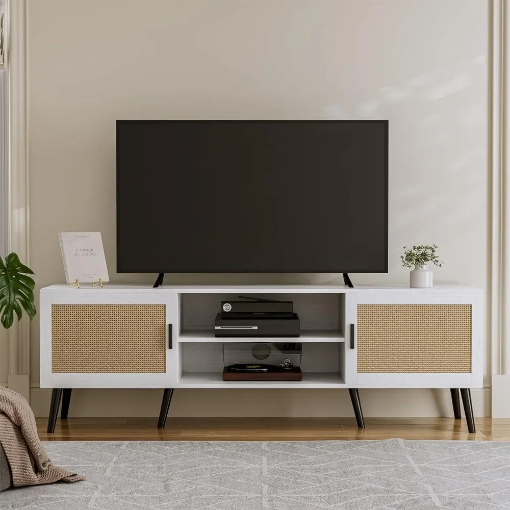 

TV cabinet with a capacity of up to 65 inches, modern entertainment center, equipped with wicker doors, shelves, and 2 cabinets