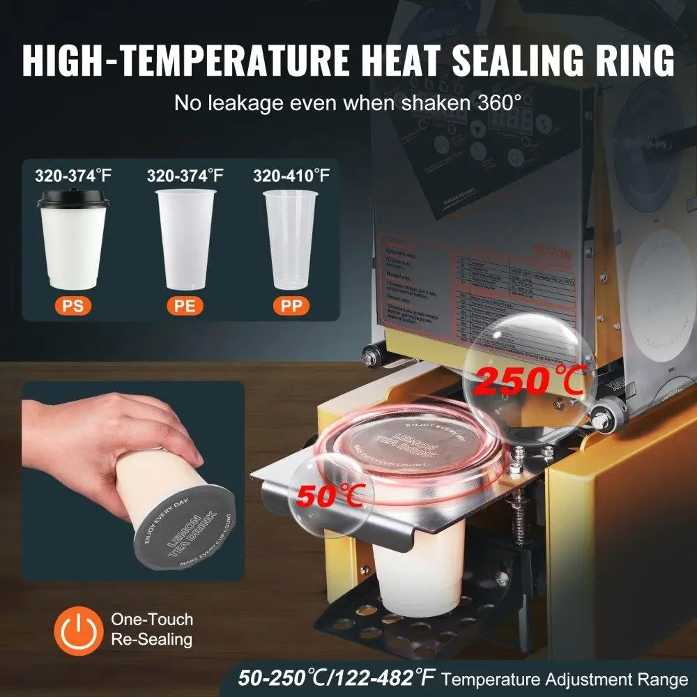 Cup Sealing Machine 500-650 Cups H Digital Control LCD Panel for 190mm Cup 90 95mmBubble  Coffee