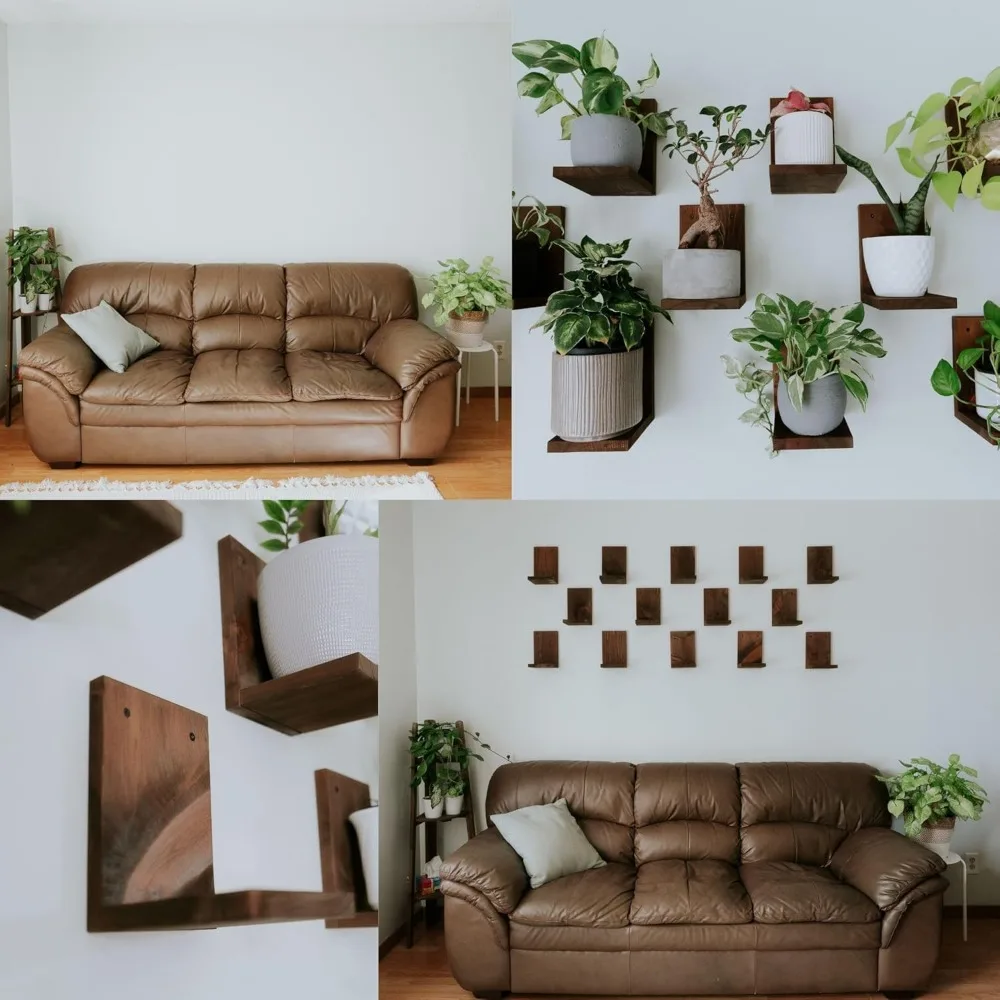 شاشة حائط نباتية داخلية مع حواف خشبية حديثة في منتصف القرن |   نظام أرفف نباتية مثبت على الحائط على شكل حرف L #2