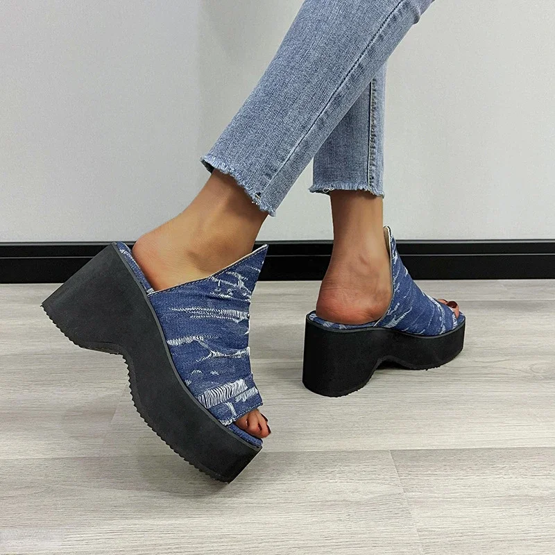 ผู้หญิงแฟชั่น DENIM Blue Wedges รองเท้าแตะฤดูร้อน Chunky Platform รองเท้าส้นสูงรองเท้าแตะผู้หญิงหนา Soled รองเท้าชายหาด PLUS ขนาด 43