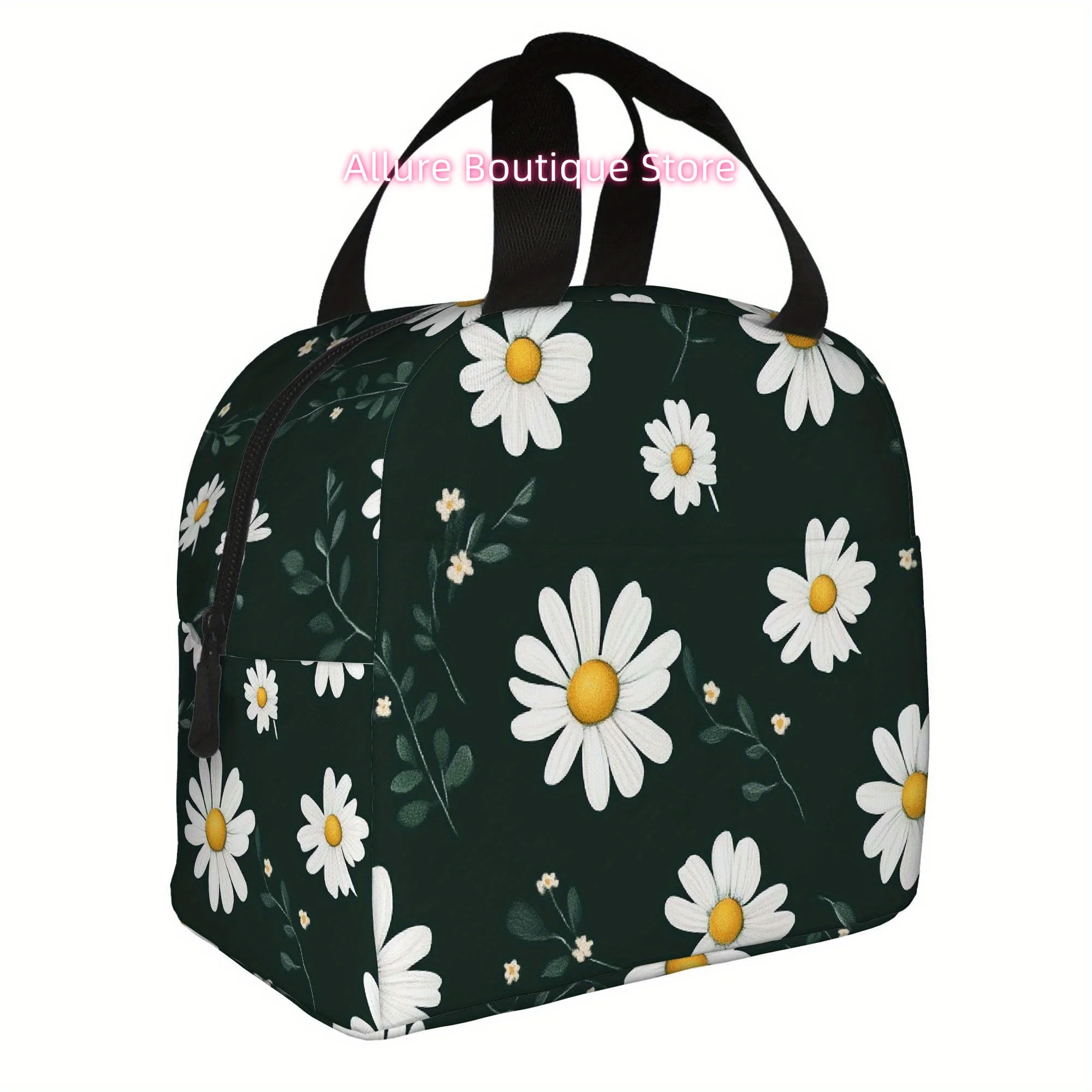 1pc, Featuring a Floral Design with White Daisies Against a Dark Backdrop. This Printed Thermal Bag Is Insulated And Not Intende