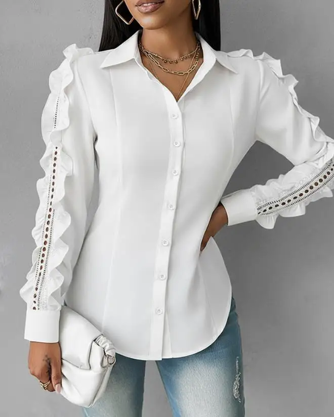 

Осенняя женская однобортная облегающая рубашка с откидным воротником и рюшами и полыми рукавами, облегающая рубашка с длинными рукавами