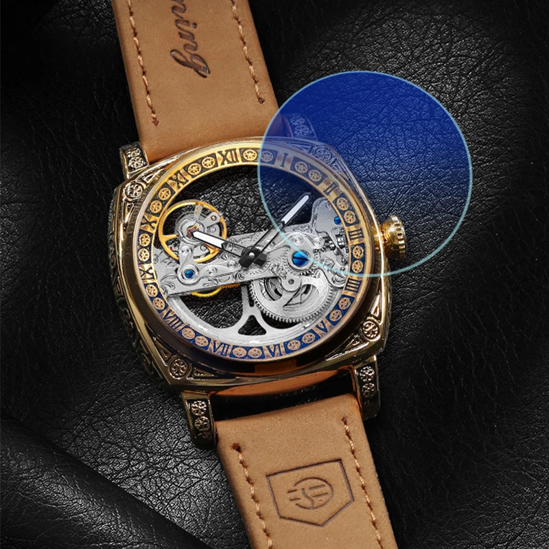 Forsining Top Brand Mechanical Male Wristwatch Skeleton Flywheel Hollow Out Tourbillon Leather Strap Lumionous Men Watch Hotsale