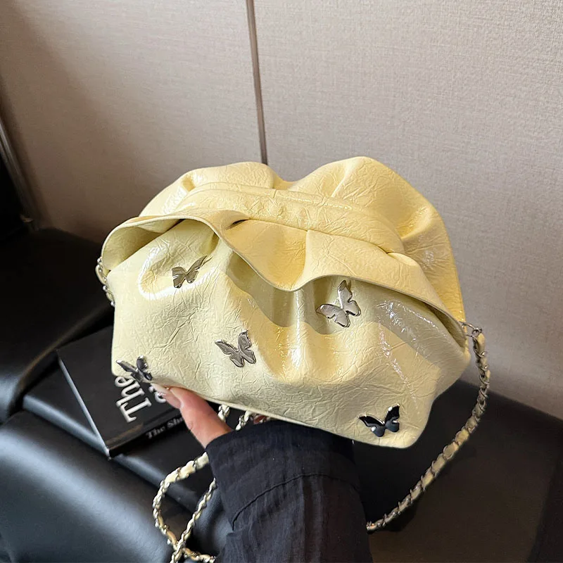

2025 New Trendy Butterfly Chains Crossbody Bag Women's Simple Chic Pleated PU Leather Shoulder Bags Female Casual Messenger Pack