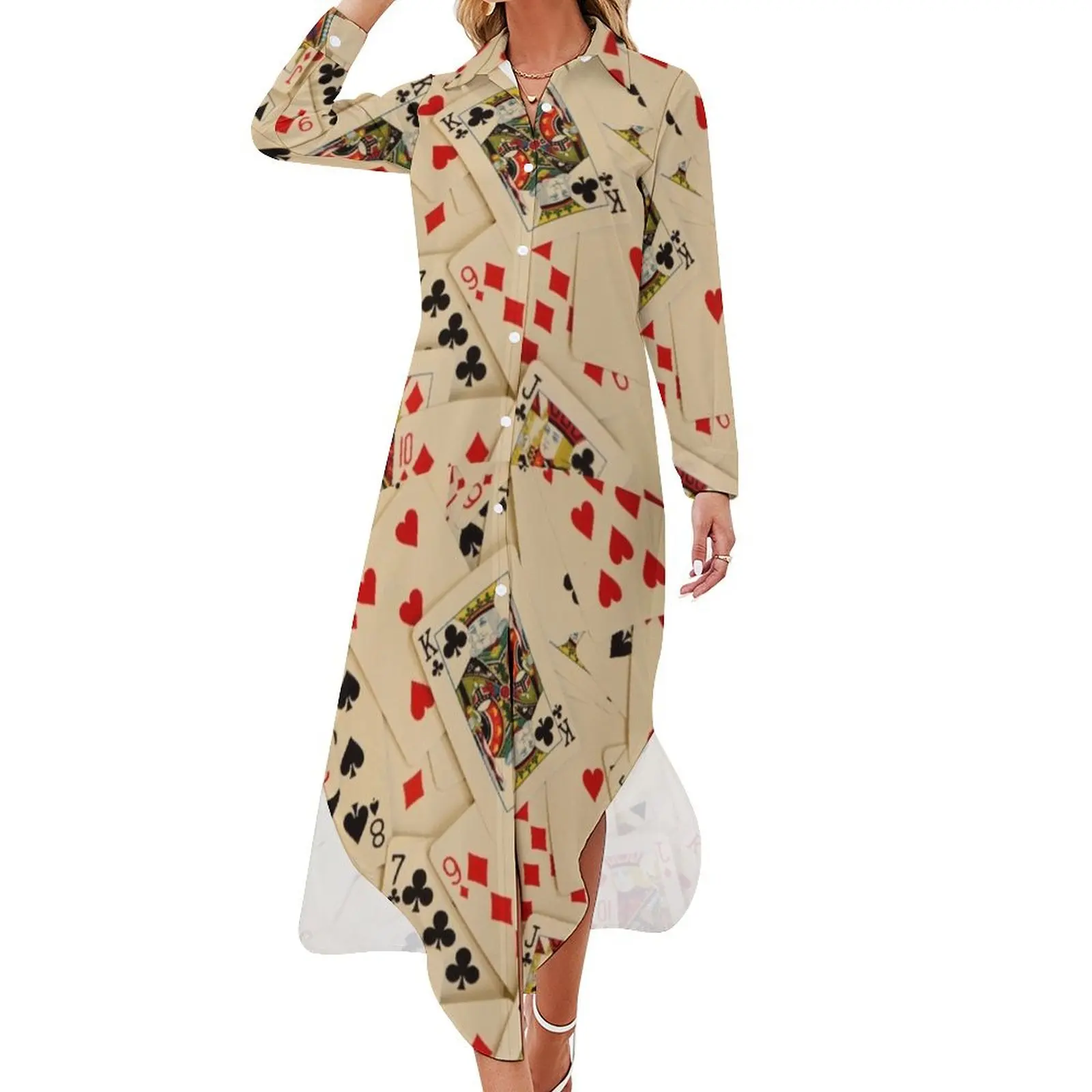 

Scattered Pack of Playing Cards Hearts Clubs Diamonds Spades Pattern Long Sleeved Shirt Dress women's elegant loose dresses