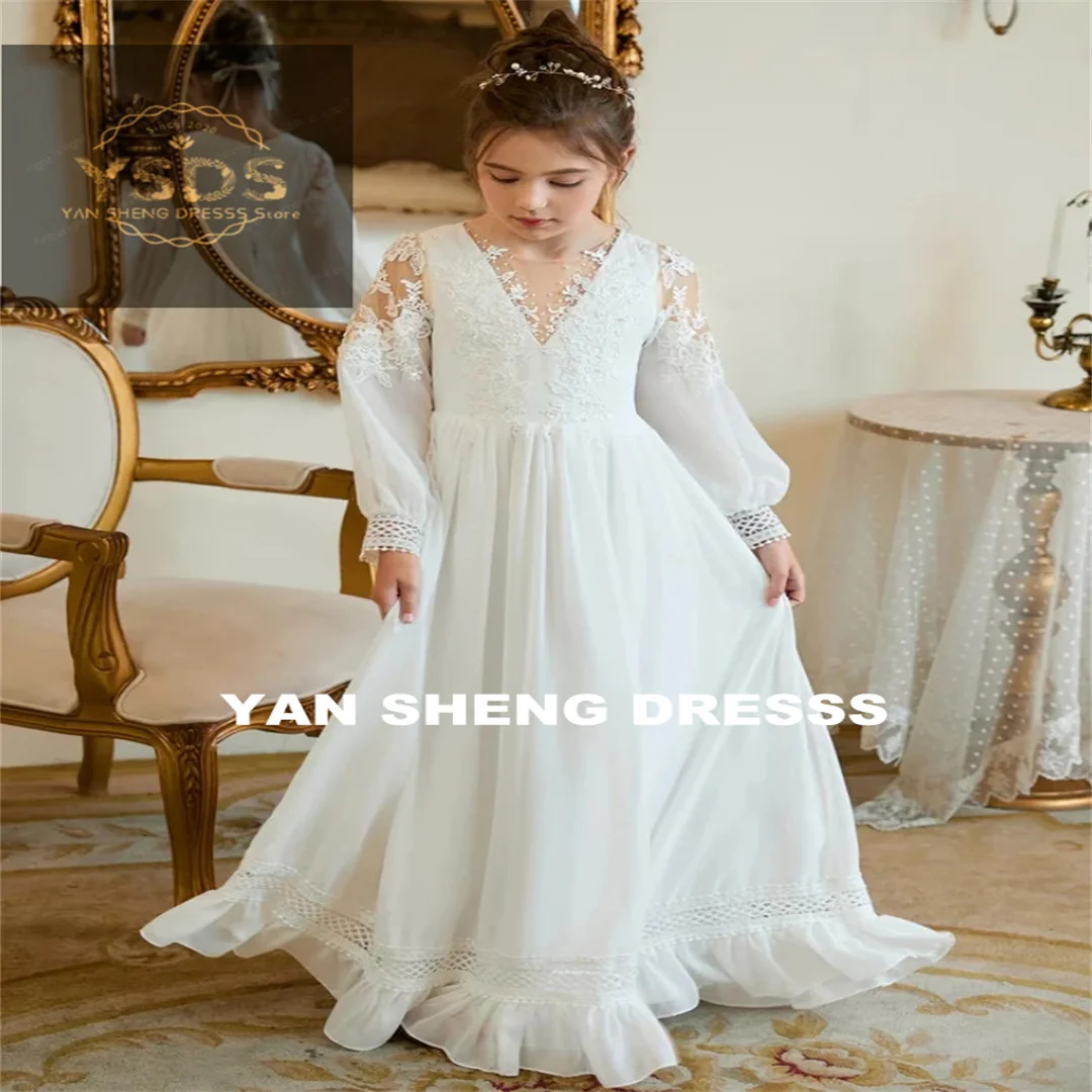 Customized Flower Girl Dresses White Tulle Lace Appliques With Bow Long Sleeve For Wedding Birthday Party First Communion Gowns