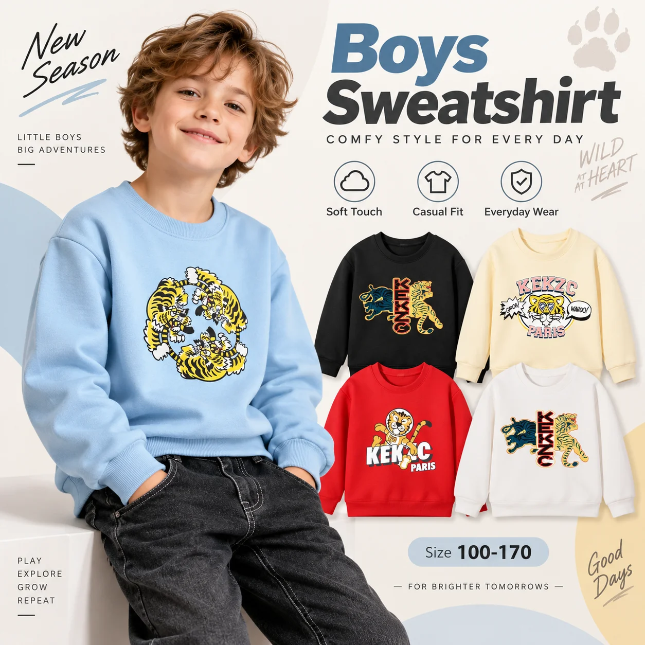 fashion Baby Boys sweatshirt Kids winter clothing Cartoon tiger print long sleeves Children pullover Teen streetwear casual wear