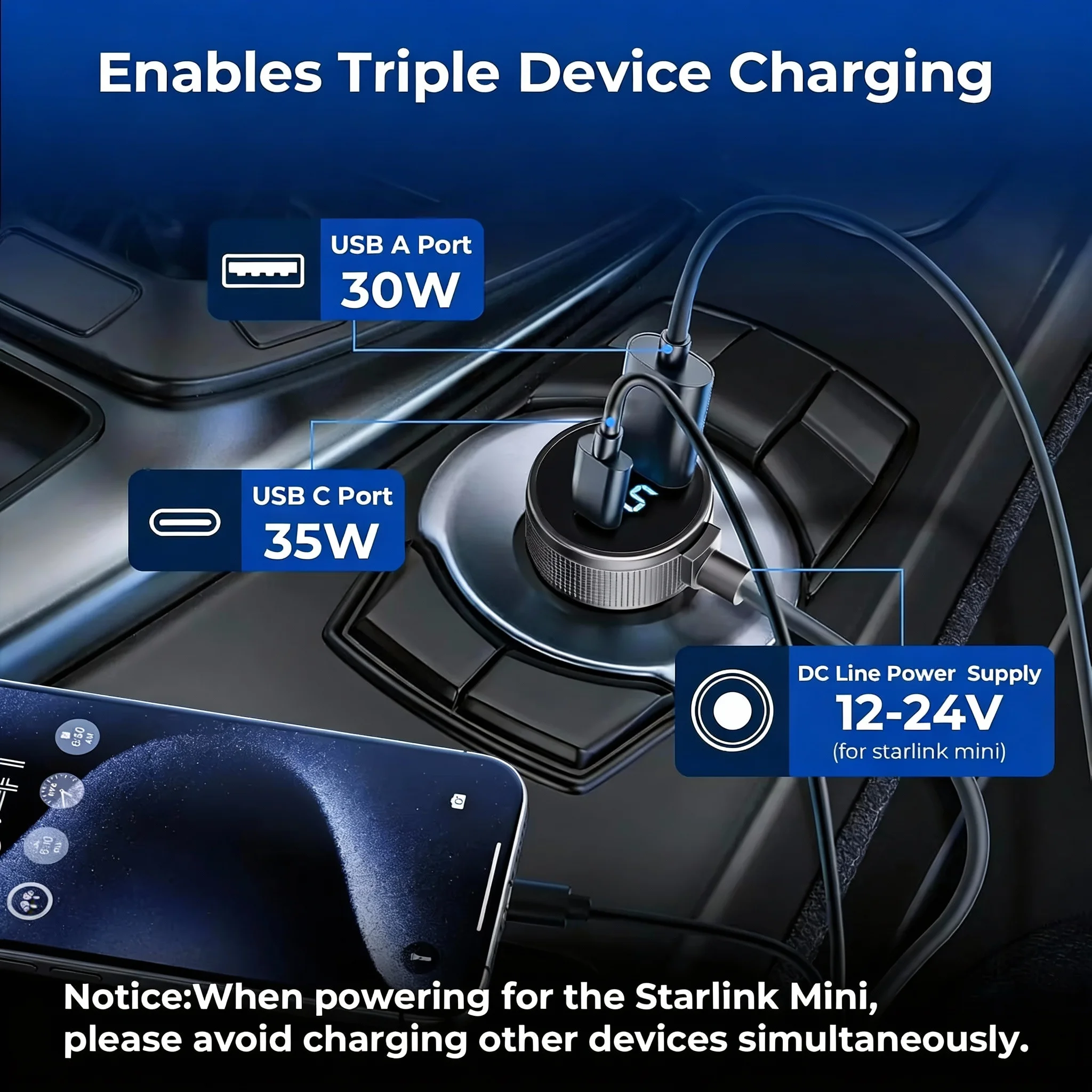 3-in-1 Car Charger for Starlink Mini with DC Power Cable Digital Voltmeter Cigarette Lighter Adapter Extension Charger