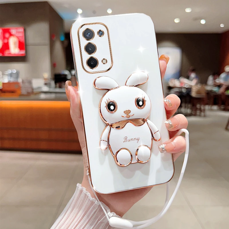 Cute Cartoon Rabbit Fold Stand For OPPO A74 5G Phone Case With Lanyard Luxury Plating Cover