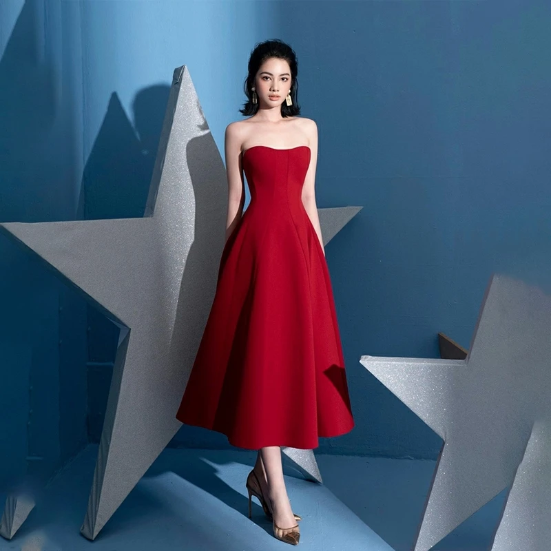 

Красное сексуальное свадебное платье без бретелек для женщин, приталенное, с завышенной талией, для дня рождения, ужина, вечеринки, модное, элегантное