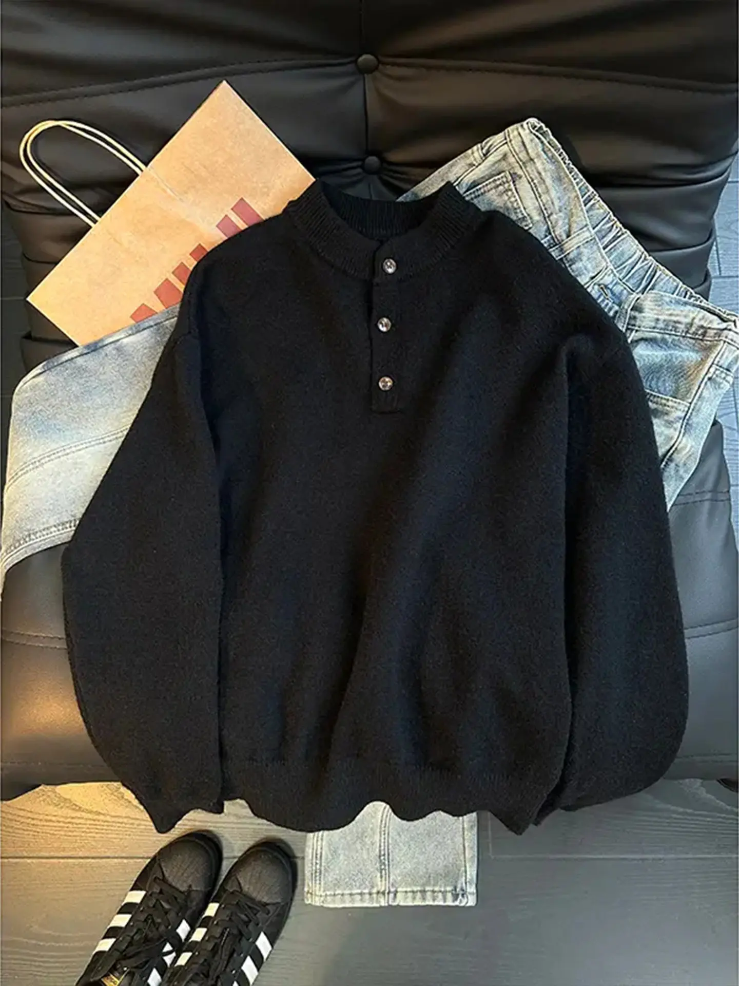 

Bla American Sle Henry Collar Men's Sweater Winter High End Lazy Inner Knitted irt Couple's Outerwear oulder Width