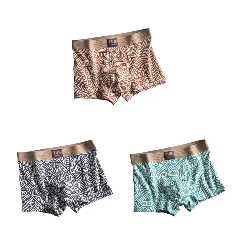 

3Pcs Fashion Plus Size Men Boxer Briefs Stripe Ethnic Style Printed Panties Seamless Mid Waist Shorts Underpants Male