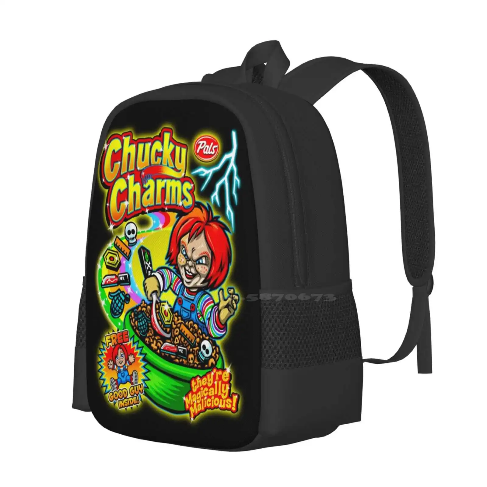 Chucky Charms Horror Cereal Parody Hot Sale Schoolbag Backpack Fashion Bags Childs Play Halloween Lucky Charms Cereal Box