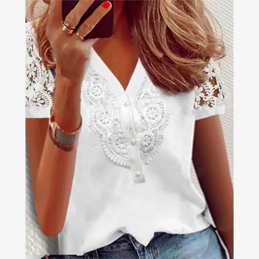 OL White V-ne Buttoned Lace Splice ort Sve irt Commute Sle Women's Top Polyester Fabric Straight Cut Regular Length