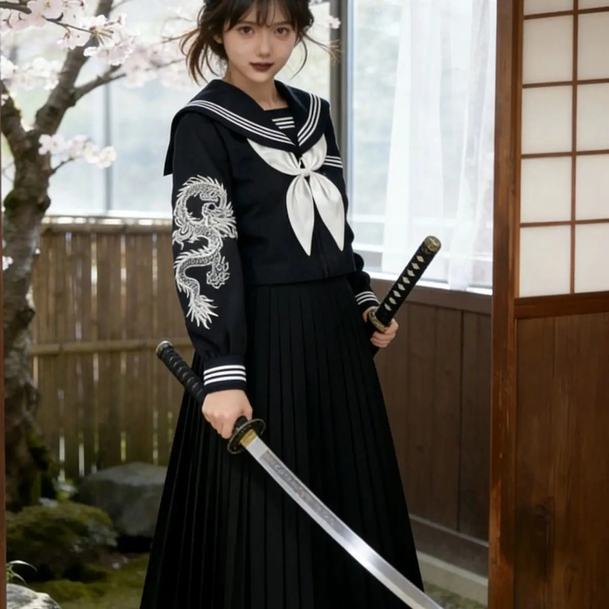 Japanese Dark Goth Punk Sailor Suit JK School Uniform Navy Blue Dragon Embroidery Long Sleeve Set Female Pleated Skirt Outfits view 2