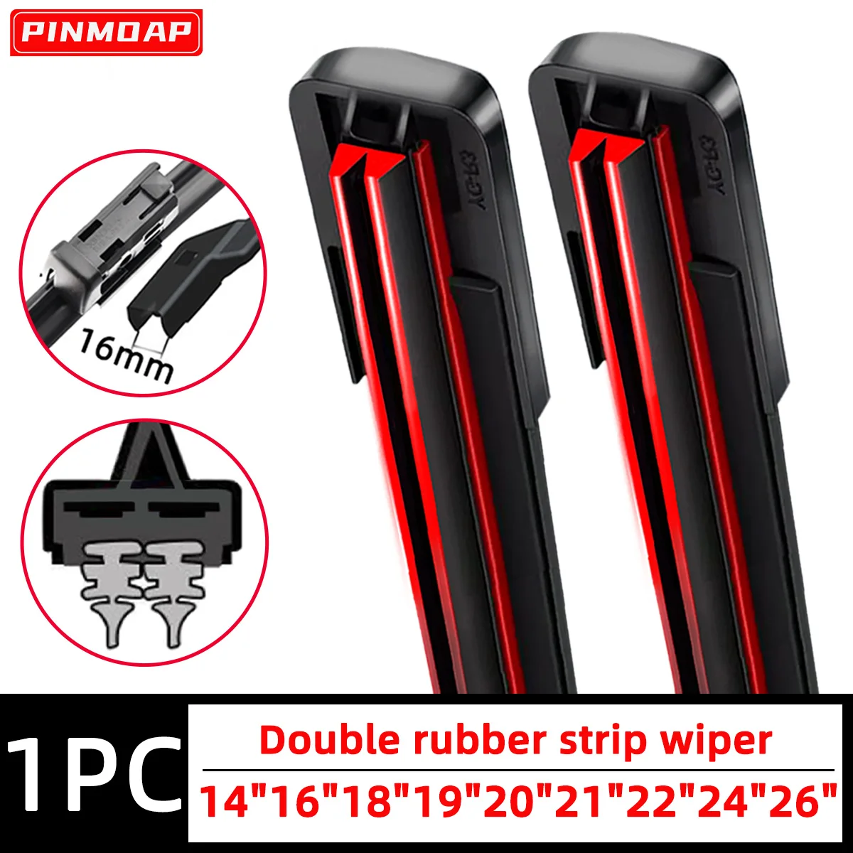 PINMOAP Car Double Rubber Strip Silent Wiper Is Suitable For 16mm Interface Windshield Wiper Blades 14"16"18"19"20"21"22"24"26"