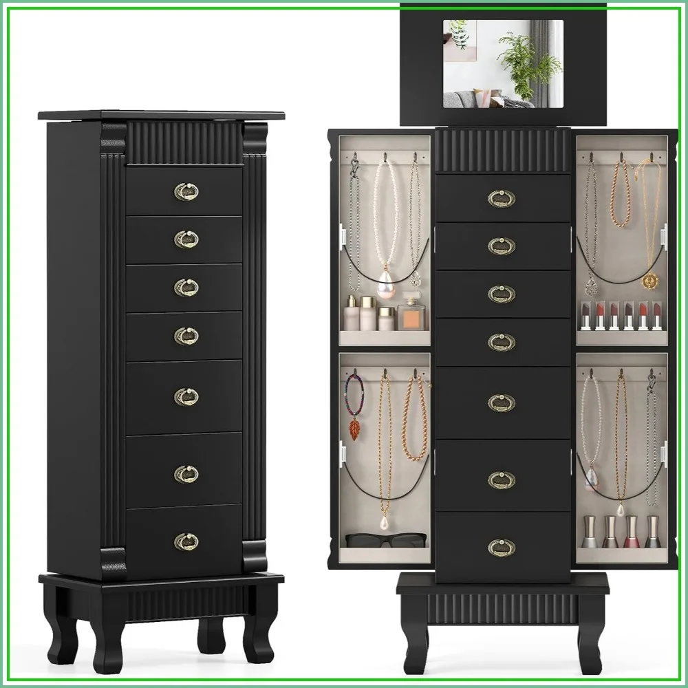 Jewelry Armoire Standing Box with Mirror and 7 Drawers, Black