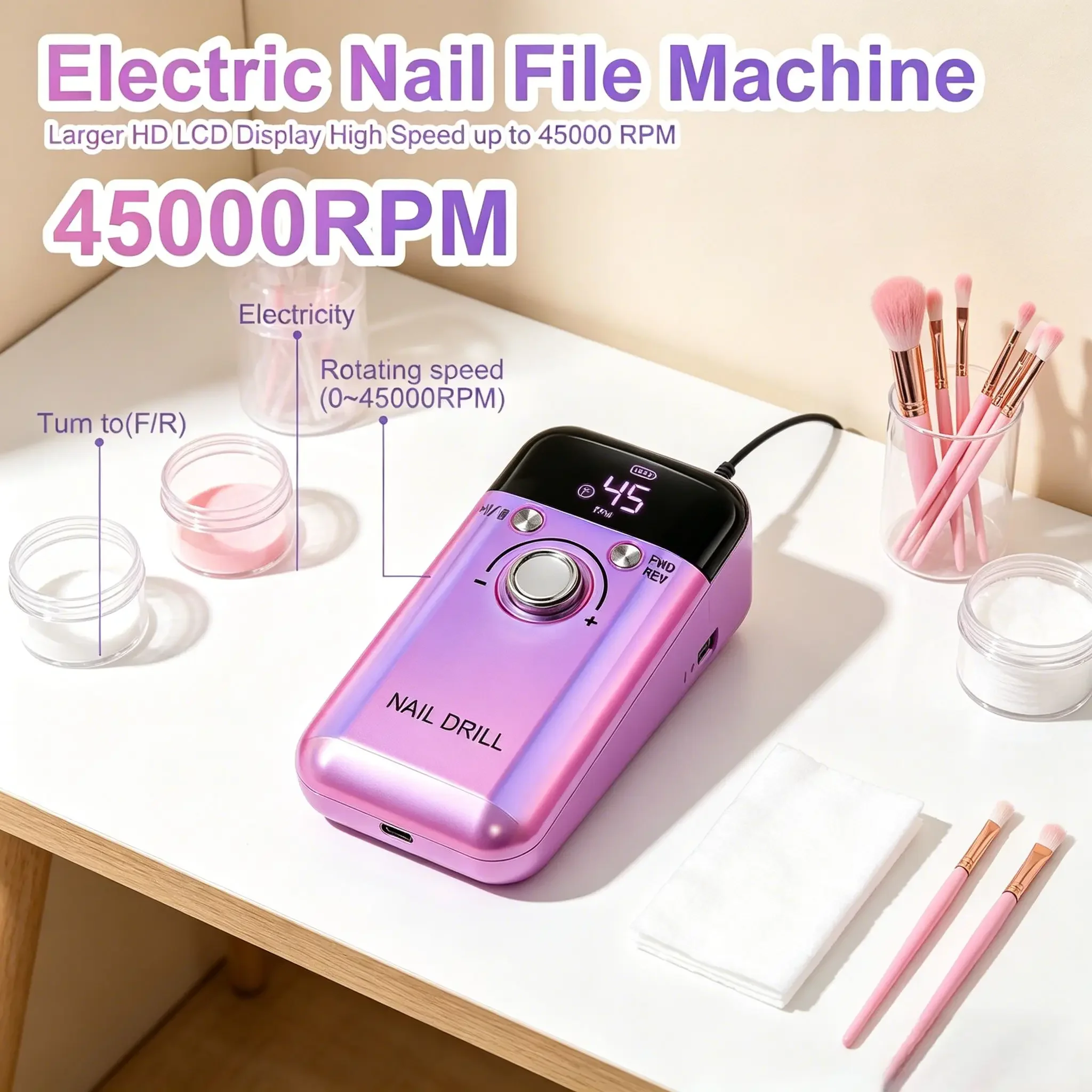 

45000RPM Rechargeable Electric Nail Drill Machine Portable Professional Nail File Manicure Tool for Gel Nail Polishing & Removal
