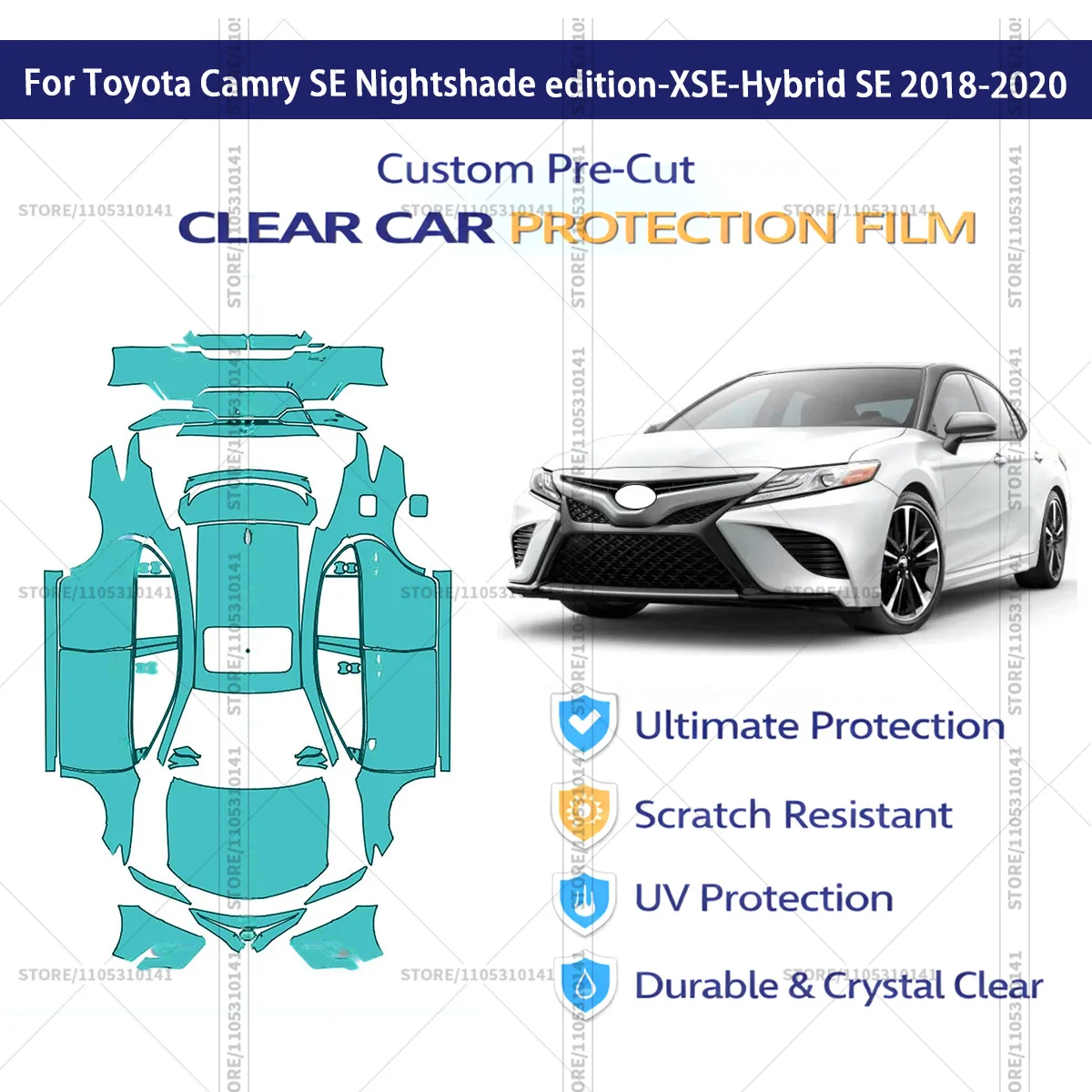 

Для Toyota Camry SE Nightshade edition-XSE-Hybrid SE 2018-2020: Предварительно вырезанная прозрачная защитная пленка PPF для автомобиля