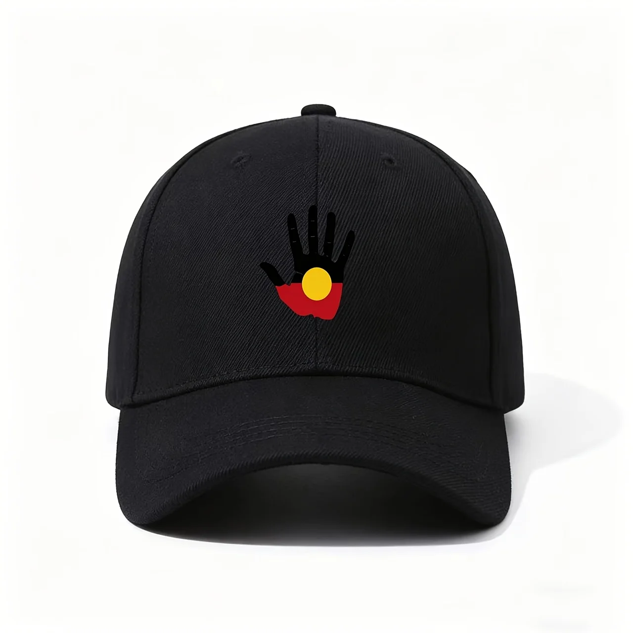 Baseball Cap, Showcasing an Aboriginal Flag-inspired Hand Print with Black, Red, and Yellow Colors, Cultural and Meaningful Desi