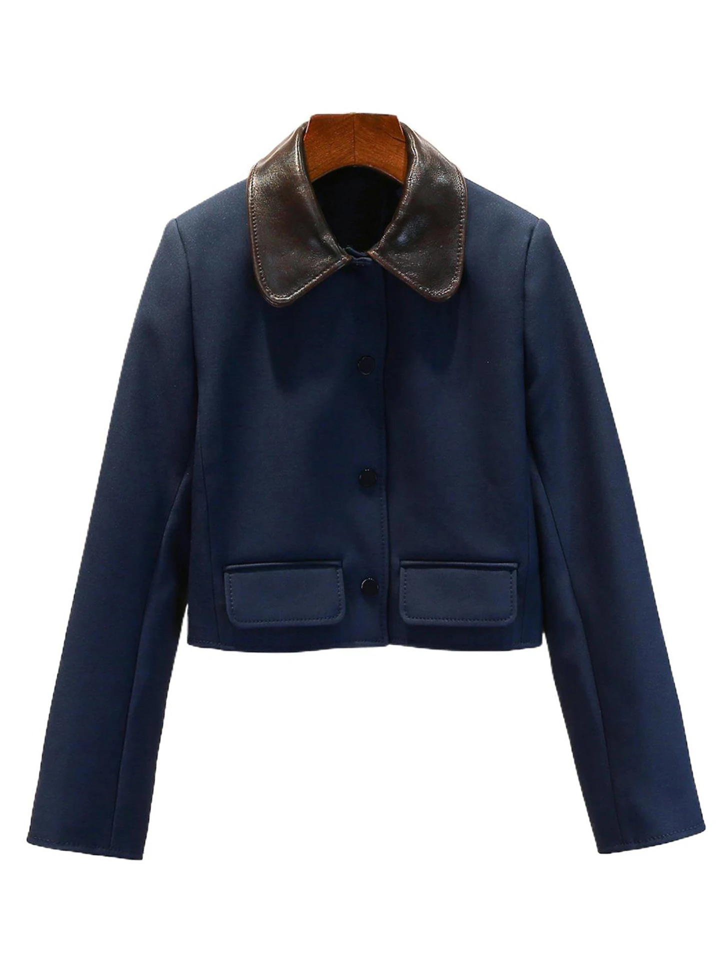 เสื้อแจ็คเก็ตหนังแท้ผู้หญิง ดีไซน์ต่อผ้า คอปก แบรนด์ S Home Nan You รุ่นใหม่ล่าสุดสำหรับฤดูใบไม้ร่วง สไตล์ลำลอง เรียบหรู ทรงตรง