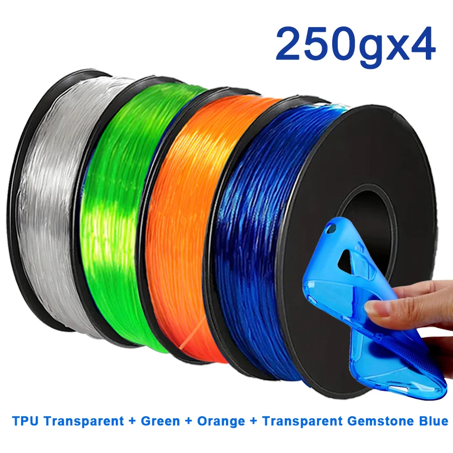 

250 г 3D-принтер, гибкая прозрачная нить из ТПУ, эластичная 1,75 мм, материал для 3D-печати, ТПУ, прозрачный, оранжевый, 250 г x 4