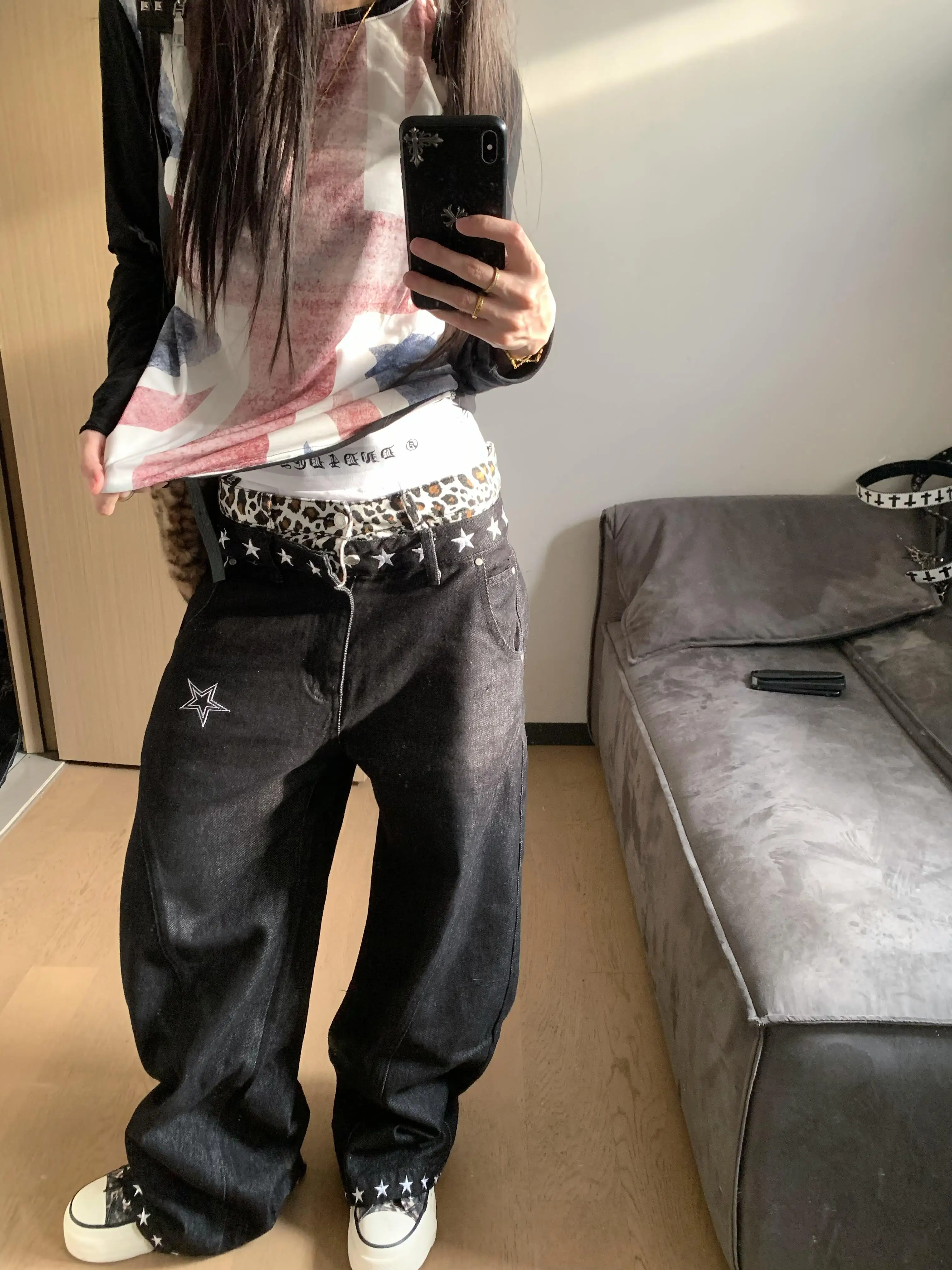 American Street Leopard Print Patchwork Star Denim Pants Loose Wide Leg Jeans Men's Women's Autumn Design Black Casual Trousers