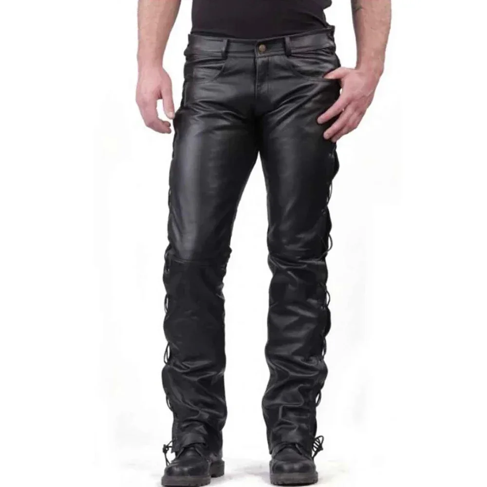 Heren Zwart Matte Motorfiets Lederen Broek Lage Taille Faux Pu Broek Zijverband Mannelijke Splits Stretch Broek Zak Custom