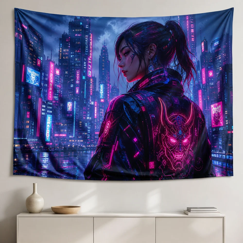 Cyberpunk Neon Urban Ghost Face Girl Tapestry 150X100CM Suitable for Personalized Wall Background Fabric in Esports Rooms