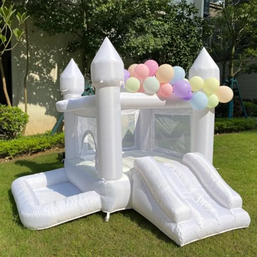 บ้านลมงานแต่งงานสีขาวพร้อมเครื่องเป่าลม บ้านเด้งดึ๋งพร้อมสไลเดอร์สำหรับงานปาร์ตี้ งานแต่งงาน ครอบครัว รูปทรงปราสาท ขนาด 9 ฟุต (ยาว) × 9 ฟุต (กว้าง) × 7 ฟุต (สูง)