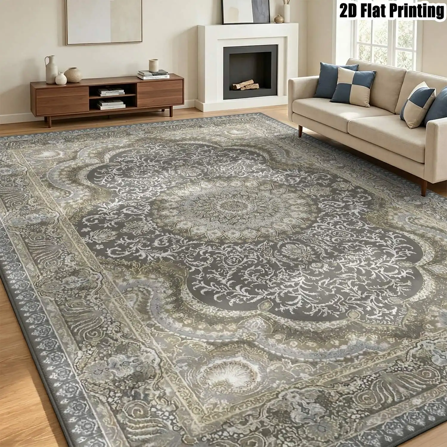 1Pc 2D Printed Carpet: Gray-Gold Retro, European/Bohemian Geometric Pattern, Home Decor Floor Mat, Multi-Size, Machine Washable, for Entrance, Living Room, Bedroom, Dining Room, Foyer